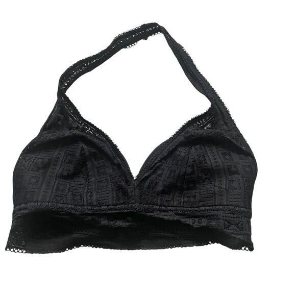 Aerie Wildflower Lace Padded Halter Bralette Sz Medium Black Sexy Boho Casual - Picture 2 of 5